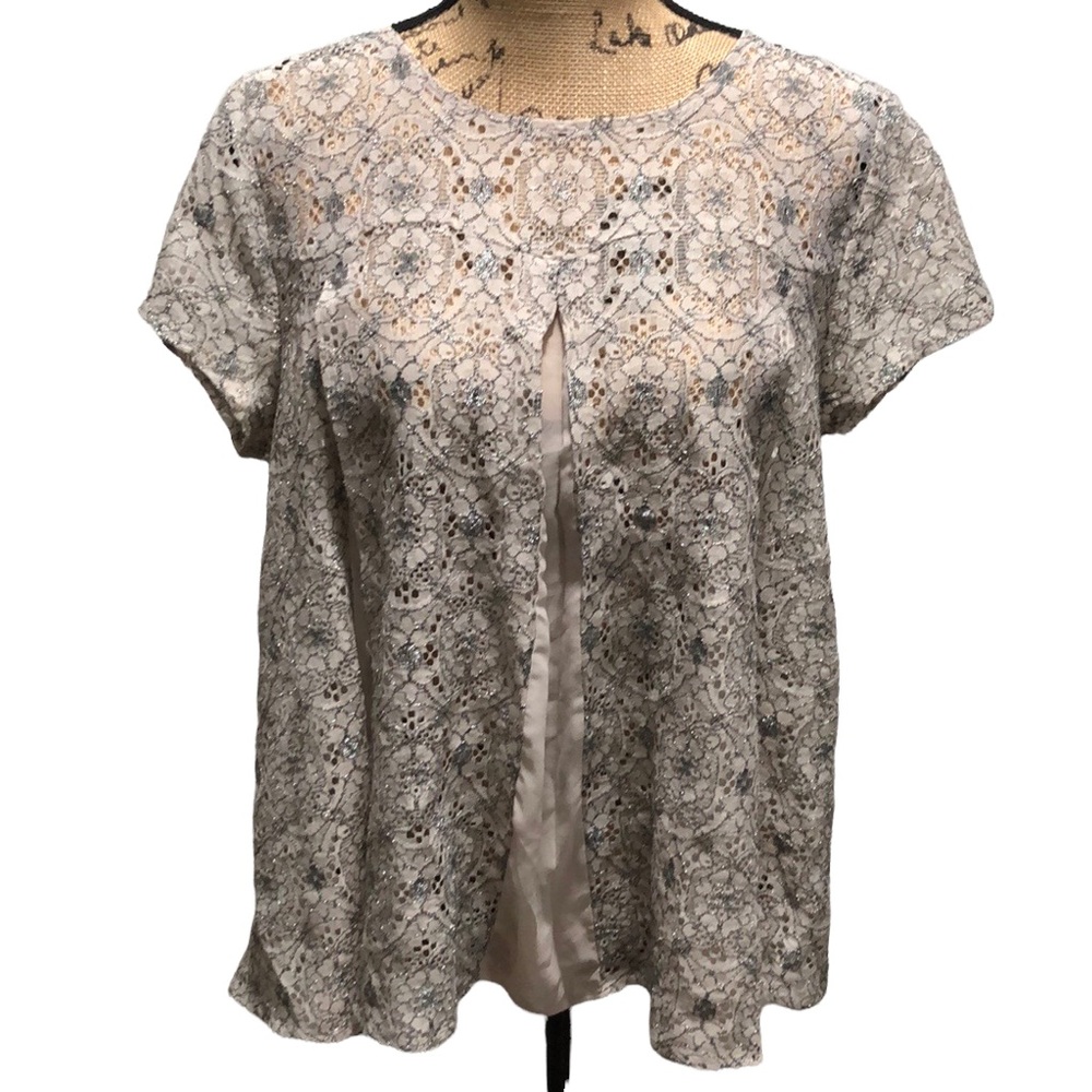 {Lauren Conrad} Mixed Media Lace Pleated Blouse